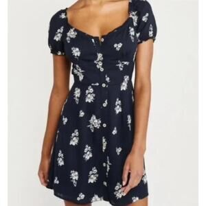 Abercrombie & Fitch Womens Puff Sleeve Navy/White Floral Button-UP Dress Small
